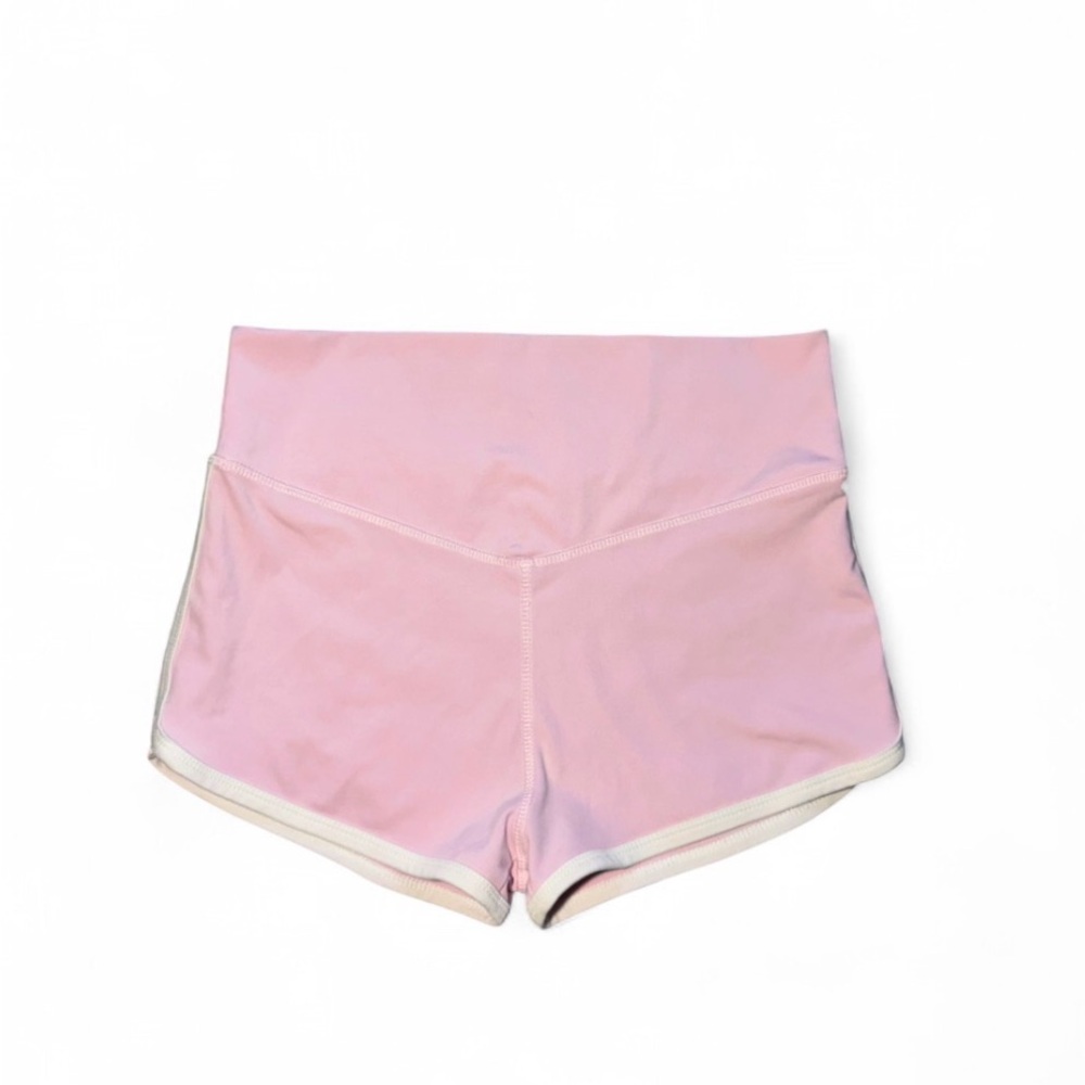 Coquette Baby Pink spandex workout gym shorts with white trim 🪩